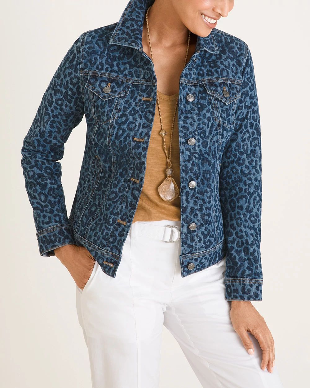 Raw Hem Animal Print Long Sleeve Denim Jacket